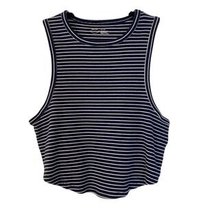 Aerie Womens XXL Navy Blue White Striped Ribbed Sleeveless Crop Tank Nautical